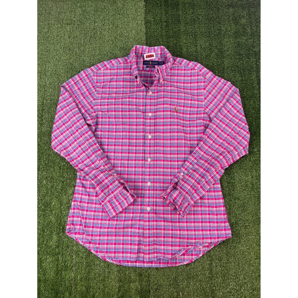 Ralph Lauren Slim Fit Stretch Oxford Shirt Mens L Pink Blue Plaid Button Down